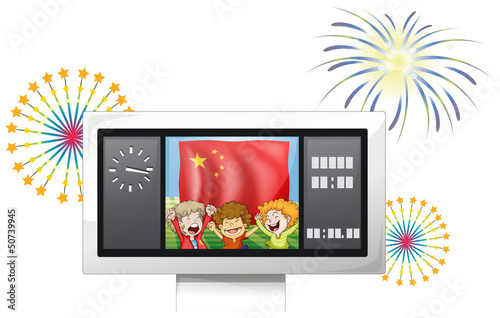 A scoreboard with the flag of China and three happy kids