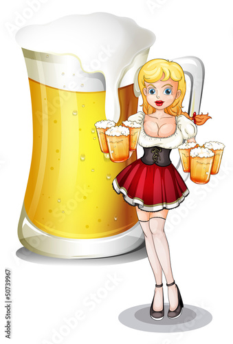 A waitress with six mug of cold beers