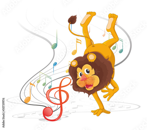 A lion dancing with musical notes