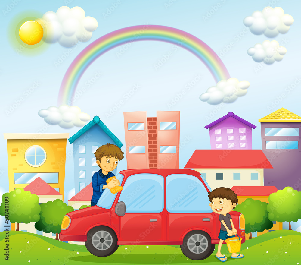 A father and son cleaning the red car