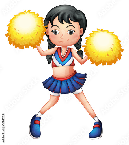 A cheerleader in her uniform with yellow pompoms