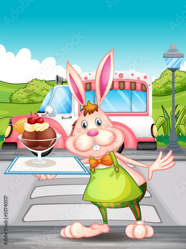 A bunny holding a tray with ice cream