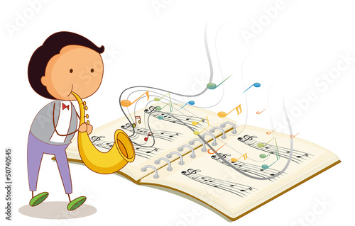 A musician holding a trumpet with a musical notebook