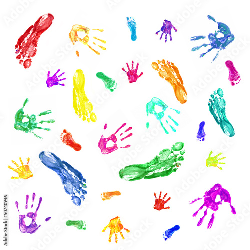 Colorful prints of painted hands and feet of family, mom, dad an