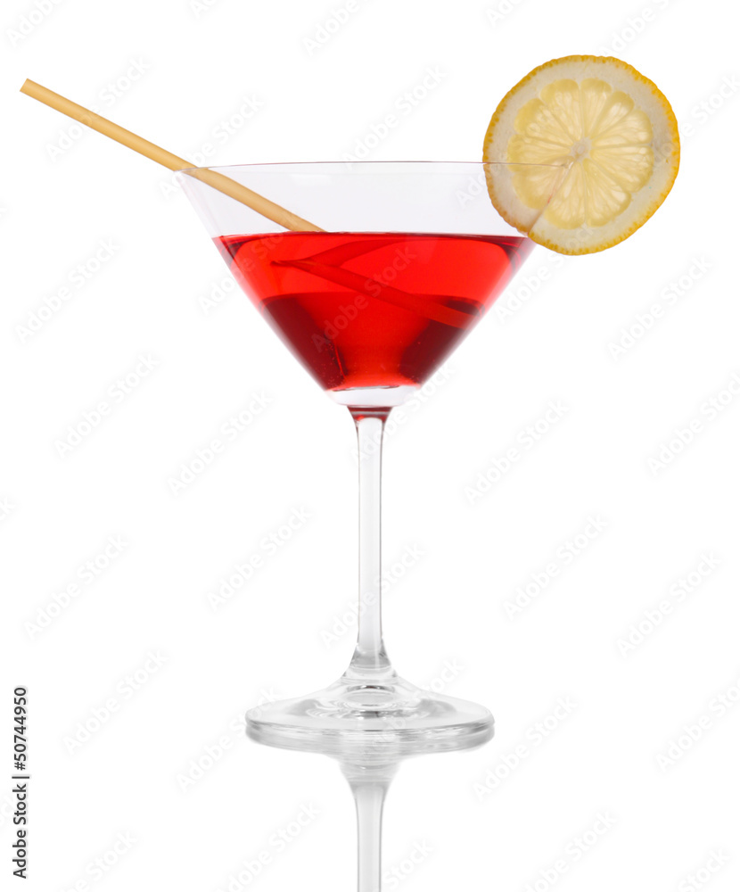 Red cocktail in martini glass isolated on white