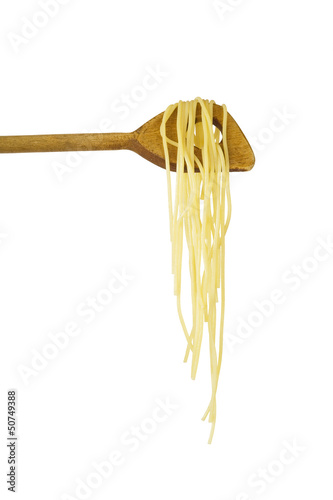 spaghetti hanging on a wooden spoon, isolated