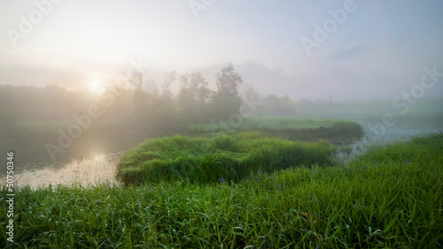 Landscape. Dawn, fog, river