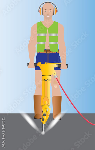 Man wearing safety vest operating a Jack Hammer Drill