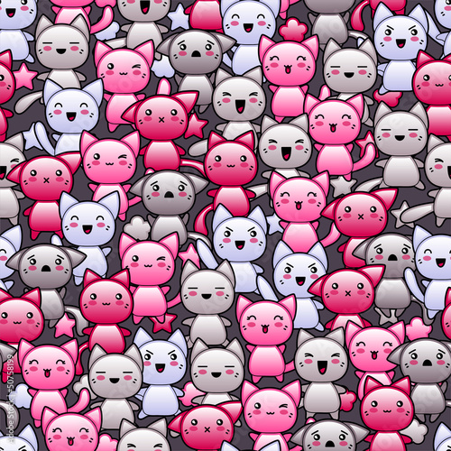 Seamless pattern with cute kawaii doodle cats.