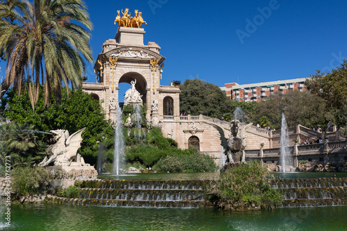 Barcelona ciudadela park lake fountain with golden quadriga of A