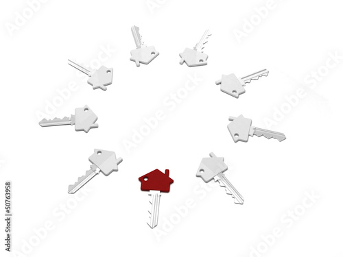 Group of keys laying in circle with one red key