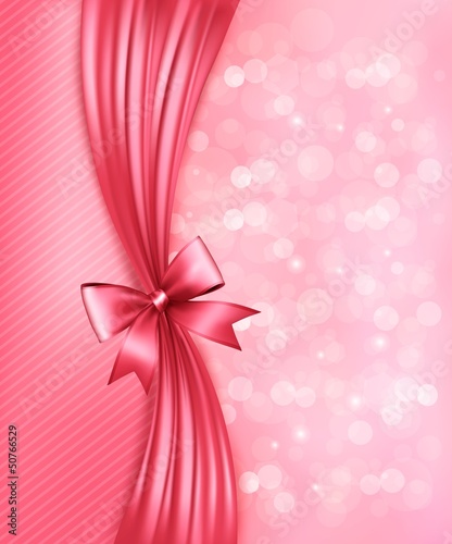 Holiday pink background with gift glossy bow and ribbon. Vector