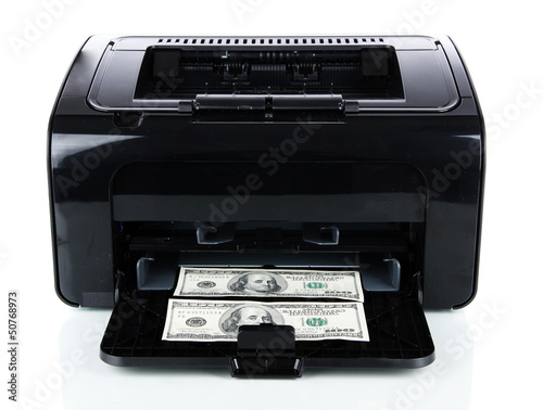 Printer printing fake dollar bills isolated on white