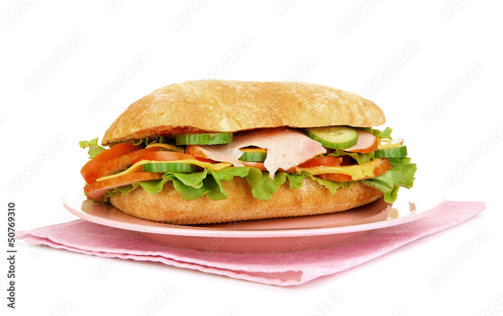 Fresh and tasty sandwich with ham and vegetables isolated Fresh and tasty sandwich with ham and vegetables isolated