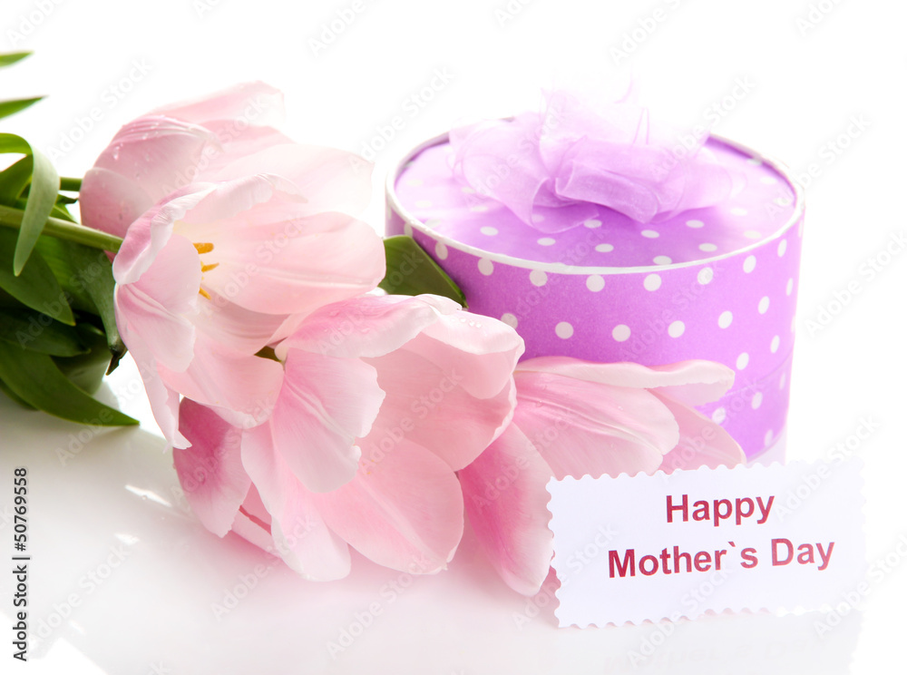Beautiful bouquet of pink tulips and gift for Mother's Day,
