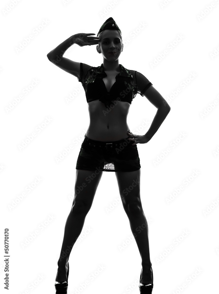 sexy woman in army uniform saluting silhouette