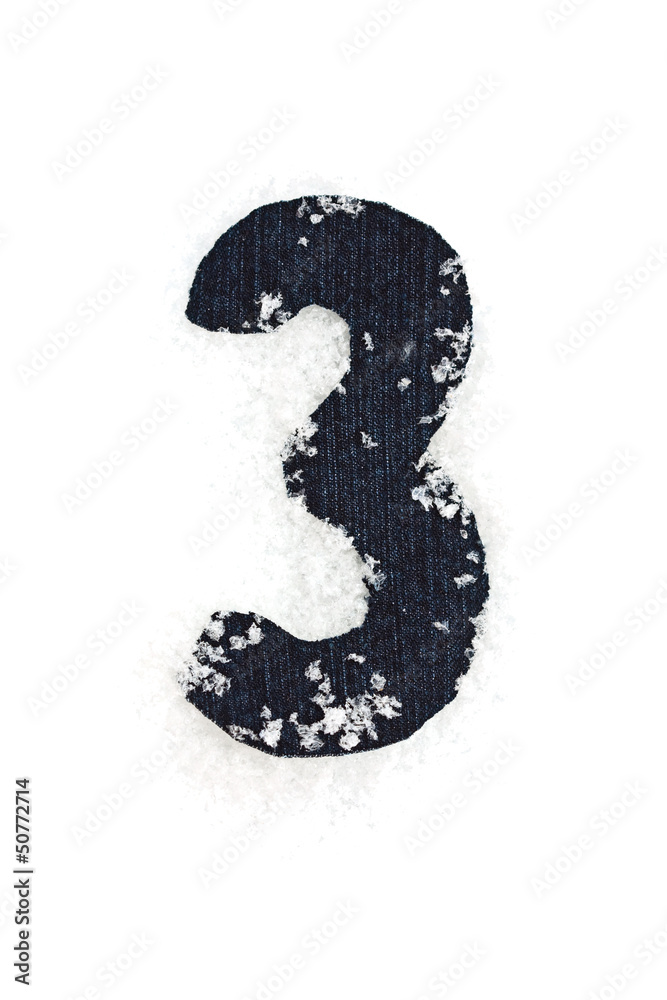 3 three from denim, is covered snow, isolated on white 3 three from denim, is covered snow, isolated on white
