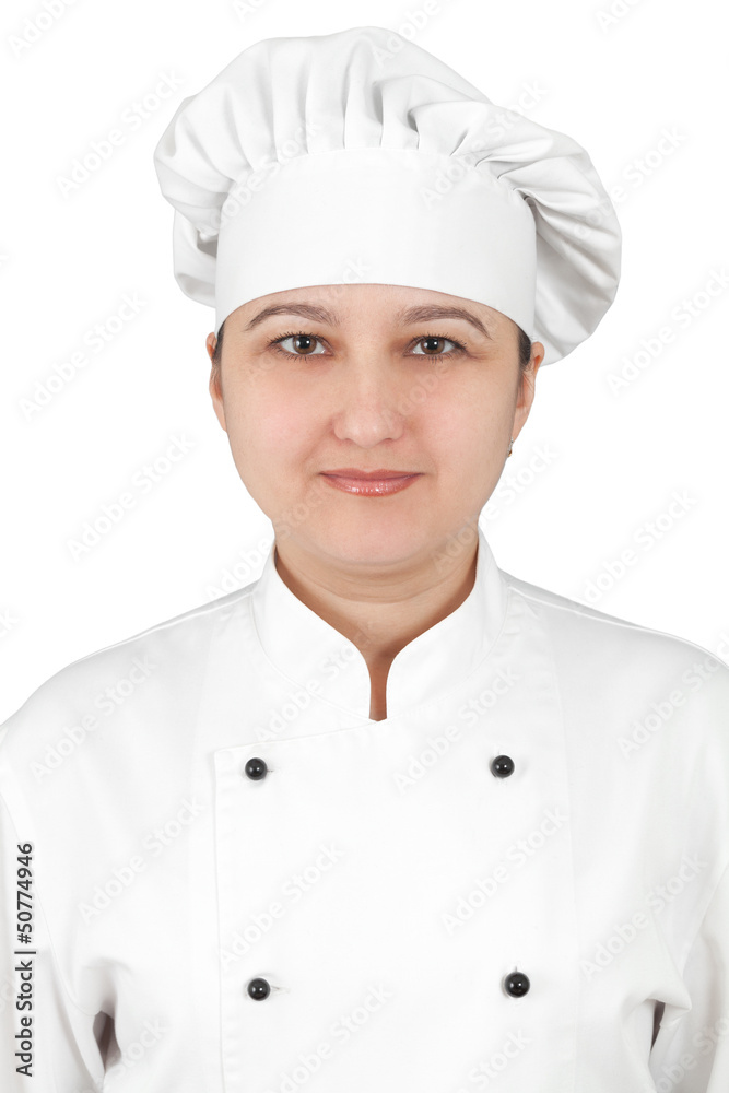 Woman chef in uniform isolated on white background. Woman chef in uniform isolated on white background.