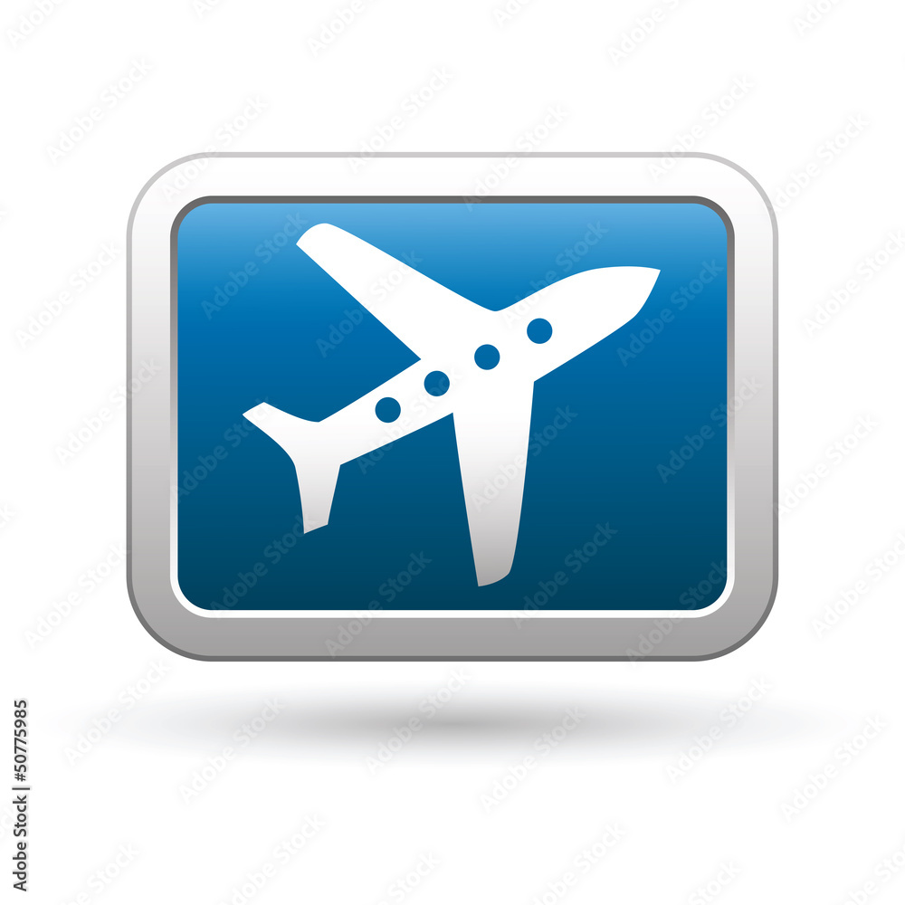 Airplane icon on the blue with silver rectangular button. Vector Airplane icon on the blue with silver rectangular button. Vector