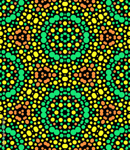 Colorful abstract kaleidoscope seamless pattern on black, vector