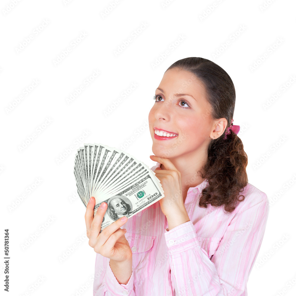 Happy pretty woman holding a bunch of money Happy pretty woman holding a bunch of money