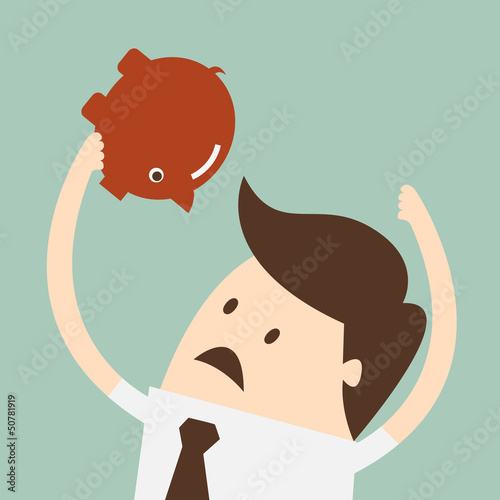 business man thinking how to open piggy bank