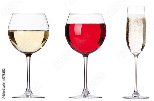 glass of white and red wine with champagne set isolated