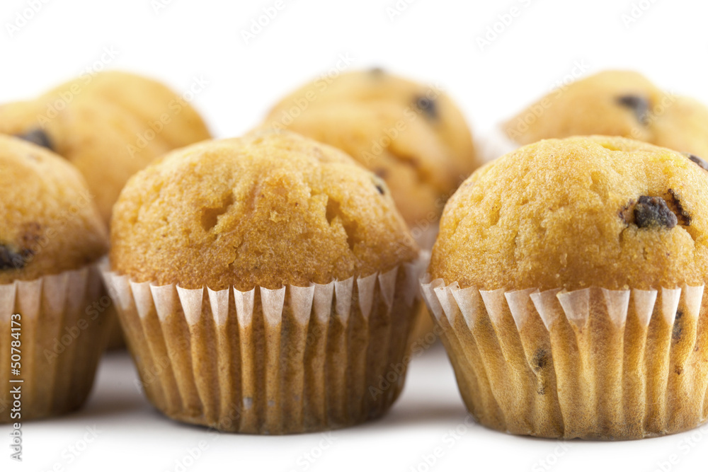 Close-up view of mini Chocolate Chip Muffins Close-up view of mini Chocolate Chip Muffins
