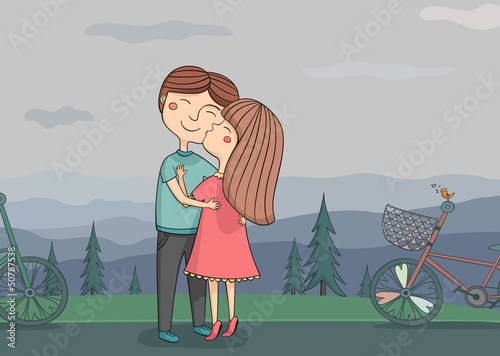Illustration of girl kissing boy on the cheek with mountains in