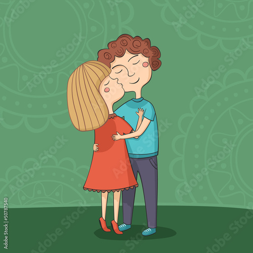 Illustration of multicultural boy and girl kissing on the cheek