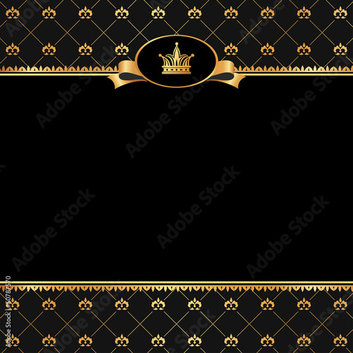Vintage black background with frame of golden elements and crown