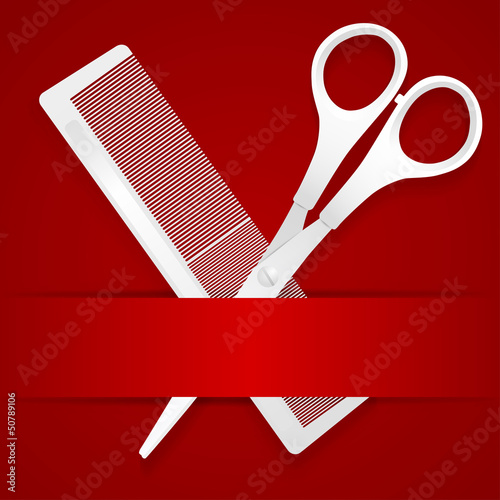 Scissors and comb - advertising barbershop - on a red background