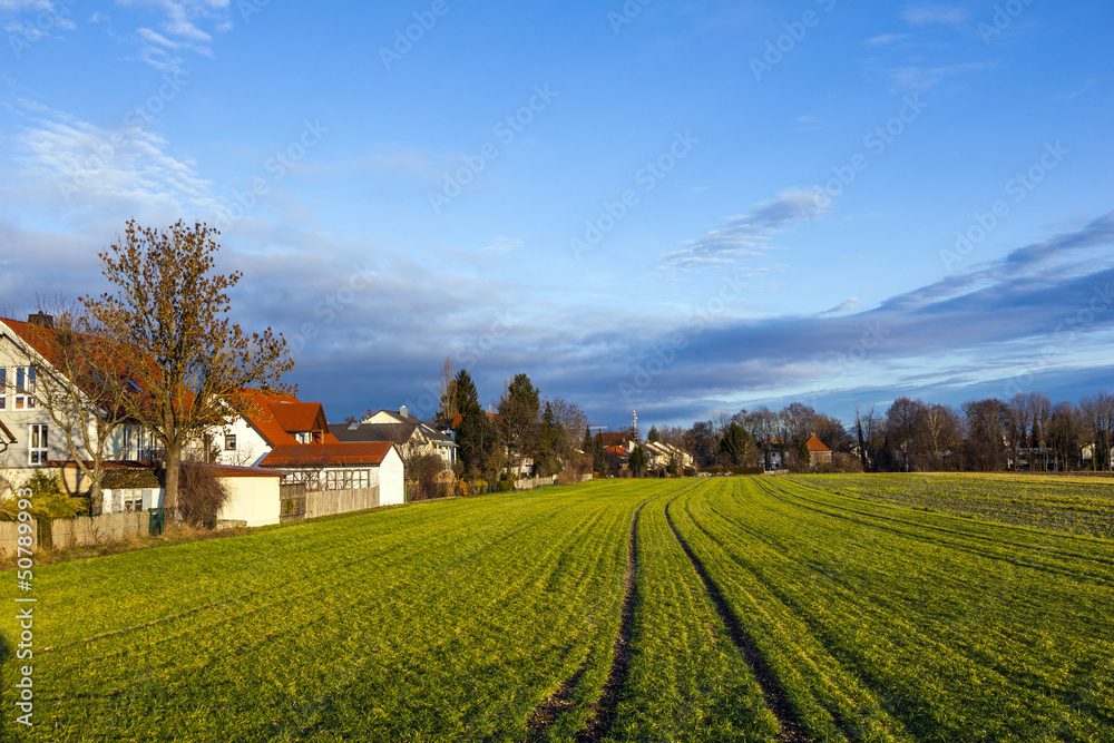 rural landscape in Munich with new settlement and fields
