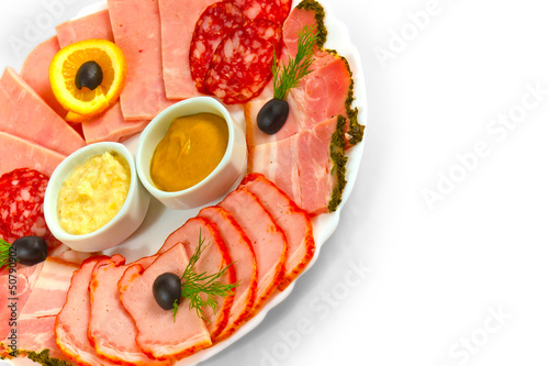 sausage sliced​​ mustard isolated plate isolated on white ba