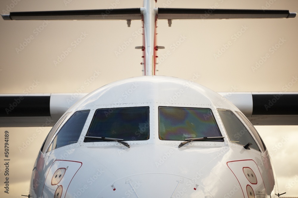 Front view of airplane in bad weather