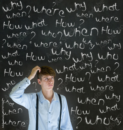 Thinking business man questions what why when where who and how