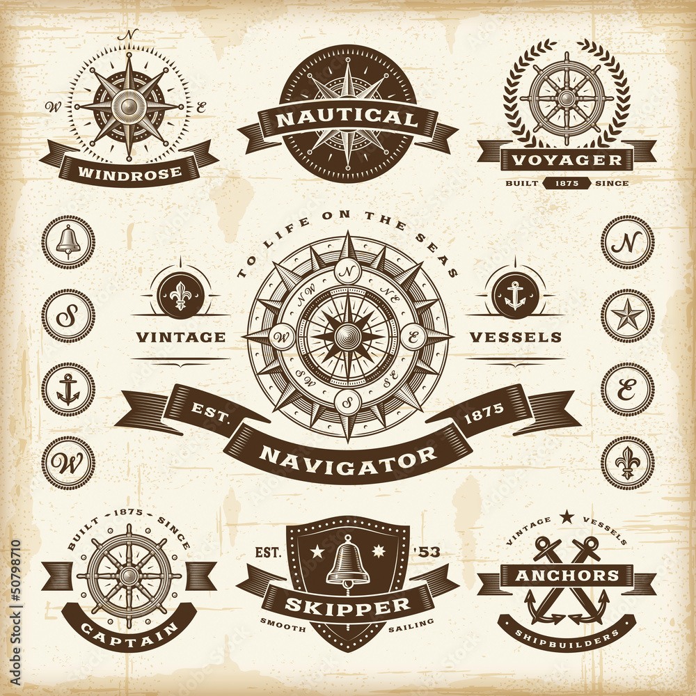 Vintage nautical labels set - obrazy, fototapety, plakaty 
