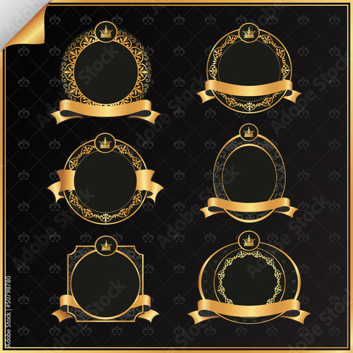 Vintage vector set of black frame label with gold elements