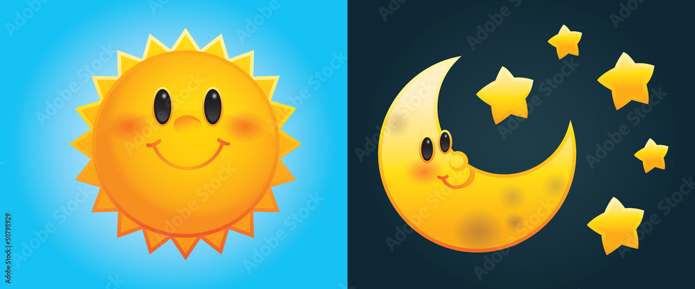 Naklejka premium Day and Night: Cute cartoon sun and moon with stars