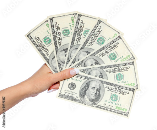 money in hand isolated on white, dollars bills