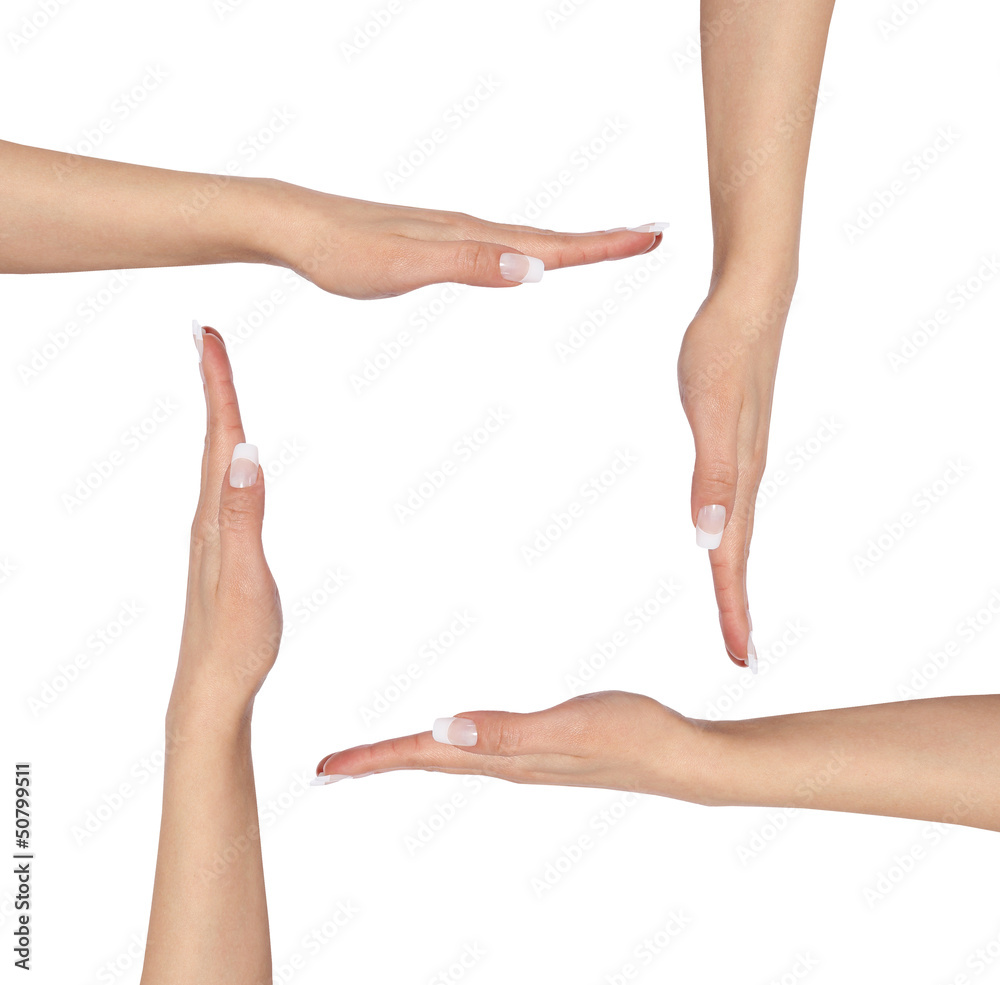 four hands with palm up making square with copy space, isolated four hands with palm up making square with copy space, isolated