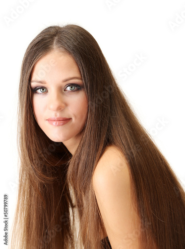 Portrait of beautiful woman with long hair, isolated on white