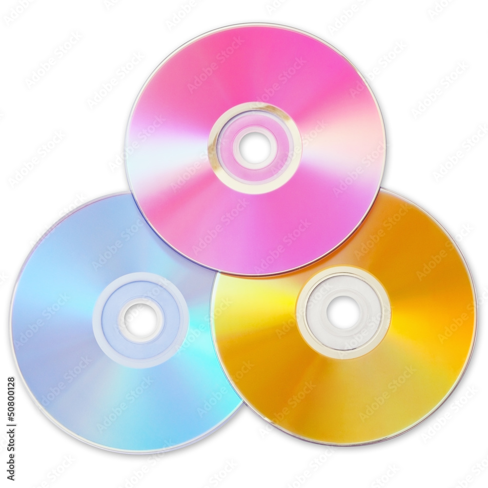 Three colored CD isolated on white background with shadow Three colored CD isolated on white background with shadow