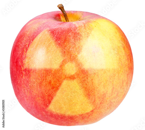 Red apple with sign of nuclear danger