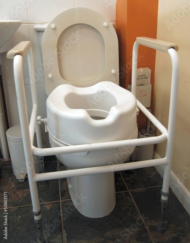 Disabled toilet with frame handles and raised seat