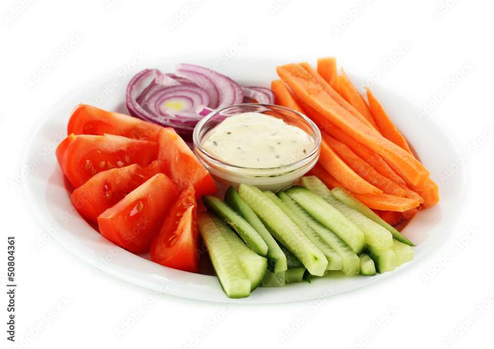 Assorted raw vegetables sticks in plate isolated on white Assorted raw vegetables sticks in plate isolated on white