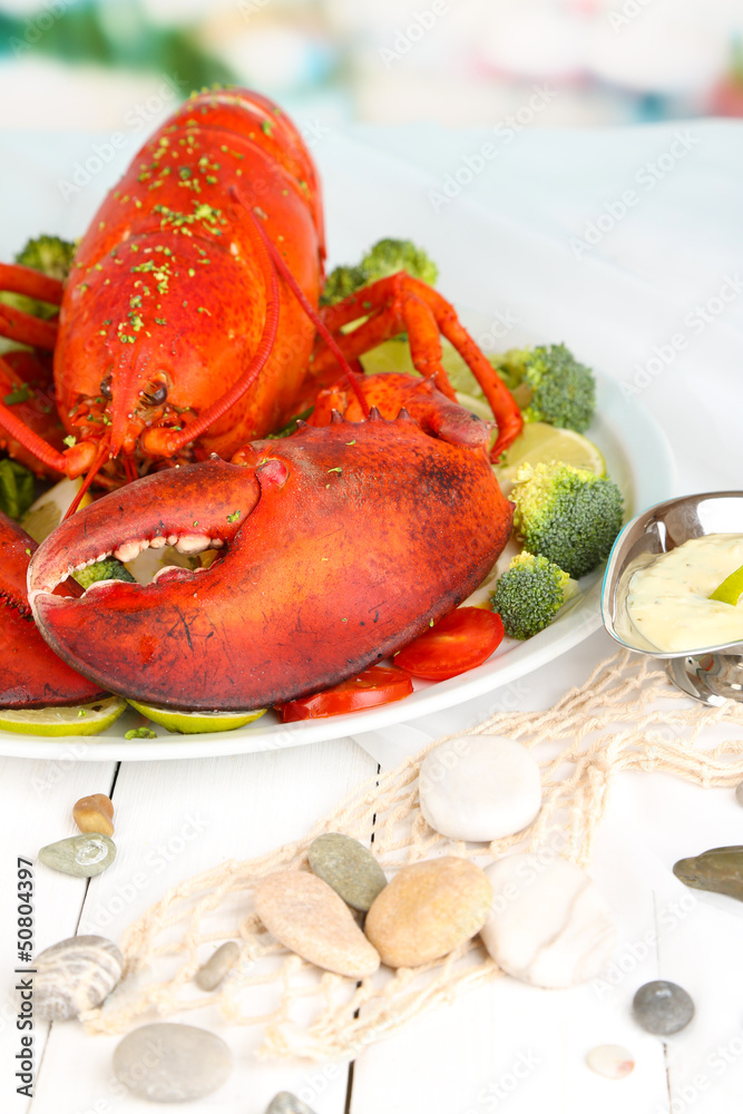 Red lobster on platter on serving table close-up Red lobster on platter on serving table close-up