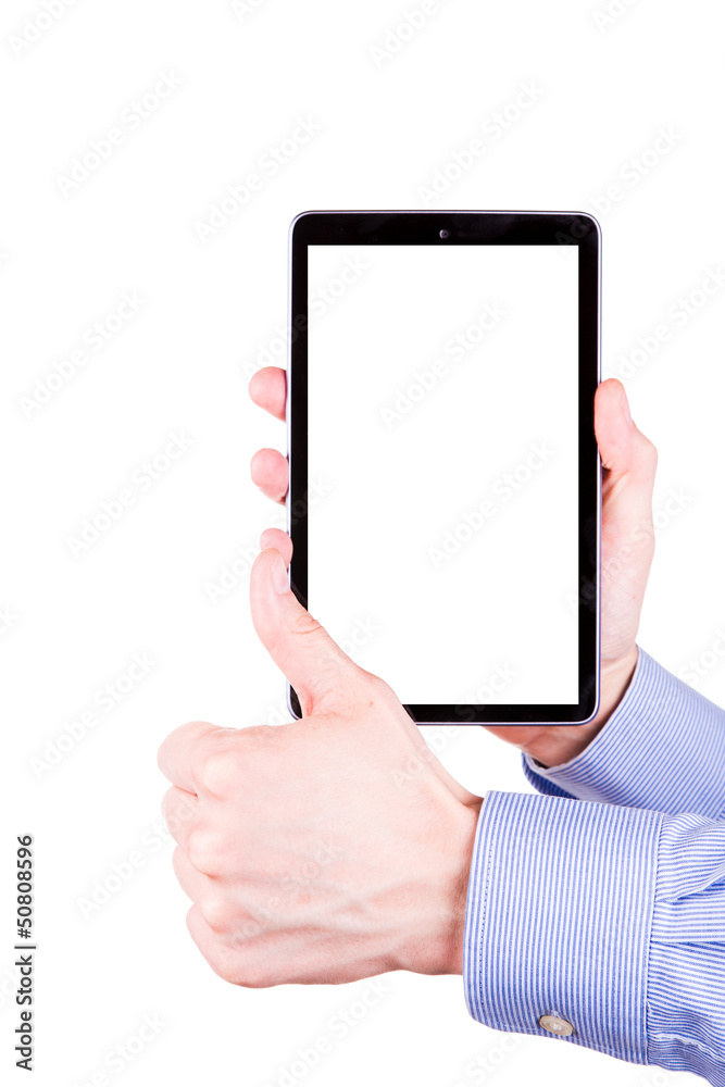 Male hand holding a tablet PC with space for you text Male hand holding a tablet PC with space for you text
