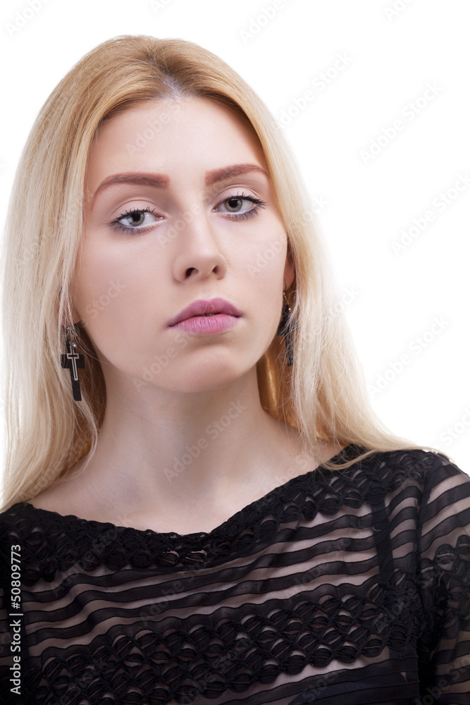 Fototapeta premium Close up portrait of a caucasian girl isolated on white