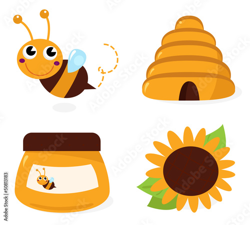 Bee and honey icons set isolated on white